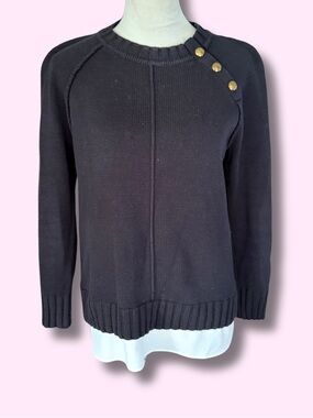 Lauren Ralph Lauren Black Layered Crewneck Sweater Gold Buttons Size M